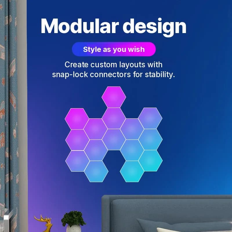 Panouri luminoase hexagonale RGB reactive la sunet, cu control aplicație