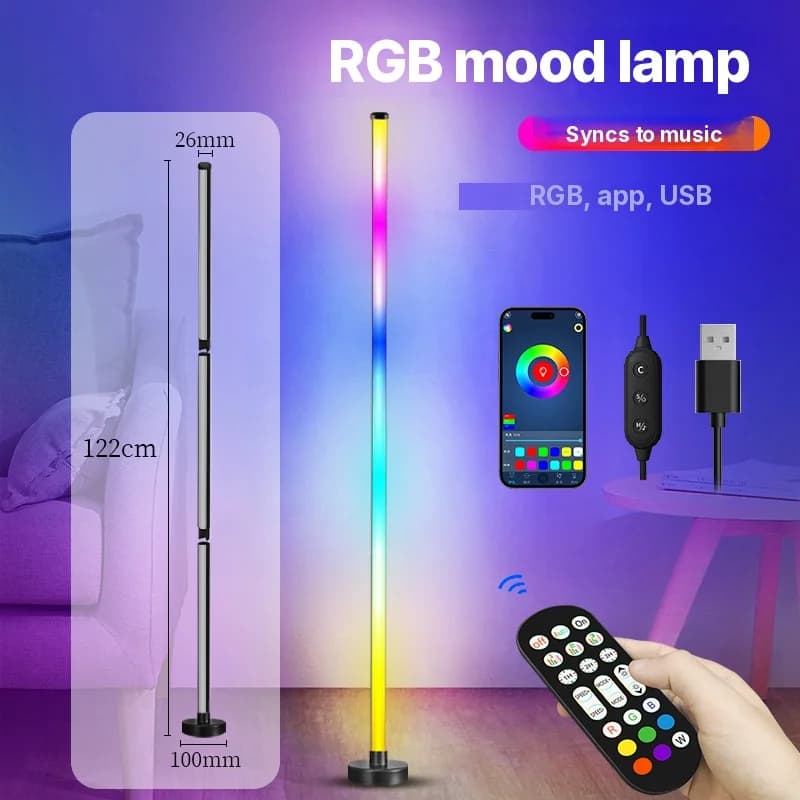Lampă de podea RGB cu schimbare culori, sincronizare muzicală și control aplicație